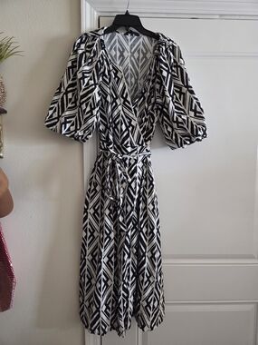 Black & White Geometric Wrap Dress with Puff Sleeves